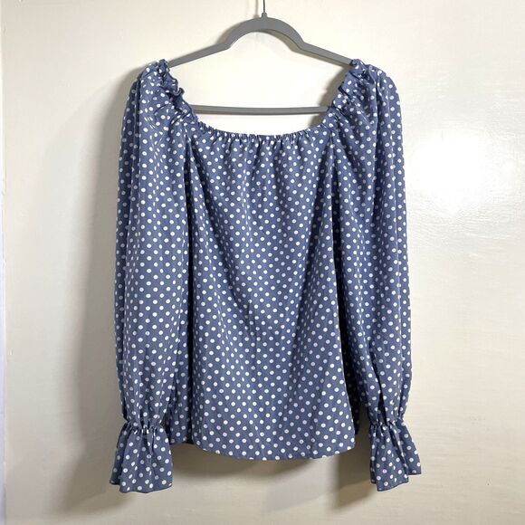 Women's Blue White Polka Dot Flounce Sleeve Frilled Blouse Size M, 36 - Picture 2 of 12